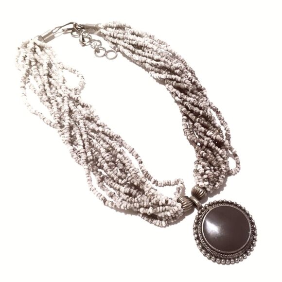 Lavender Seed Bead Multi Strand Necklace with Purple Enamel Pendant - Picture 2 of 5